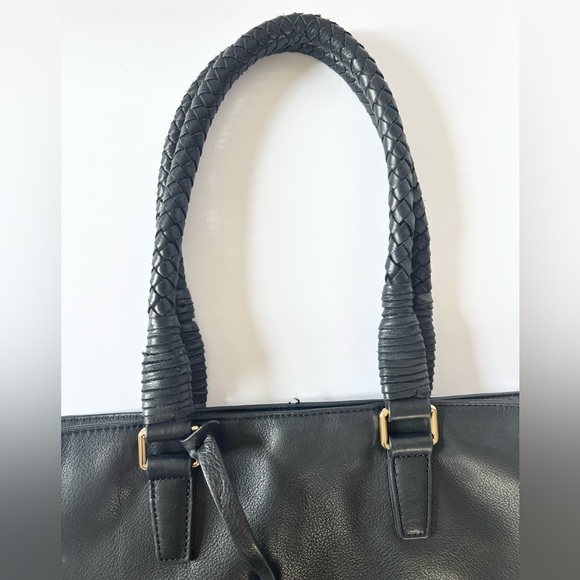 Margot Black Leather Oversized Woven Strap Tote Shoulder Bag Purse - Picture 5 of 11